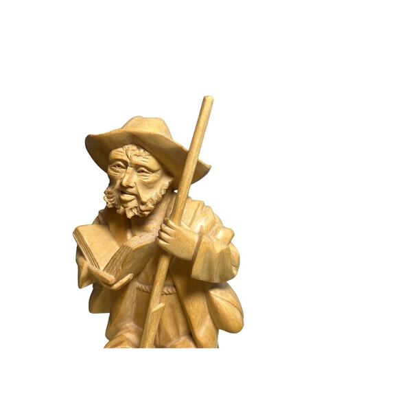 Vtg Antique Hand Carved Folk Art Man Standing Book Beard Hat Reader Stick - Picture 8 of 9